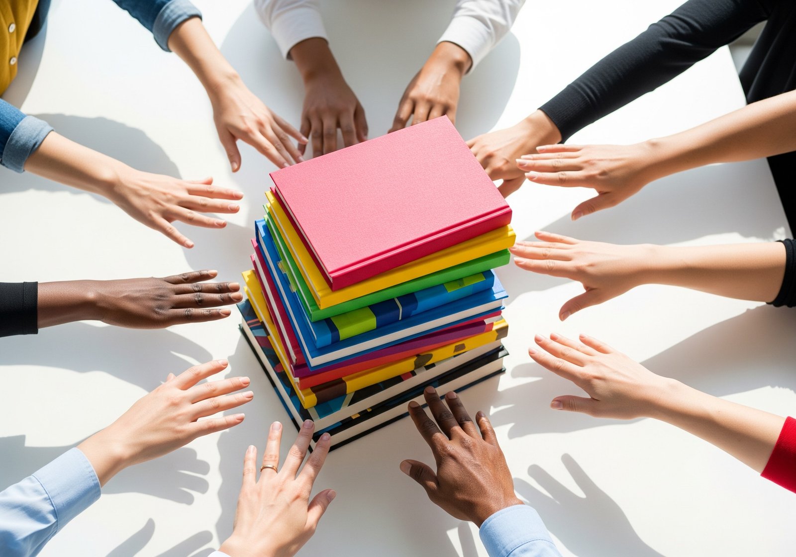 Hands reaching for books